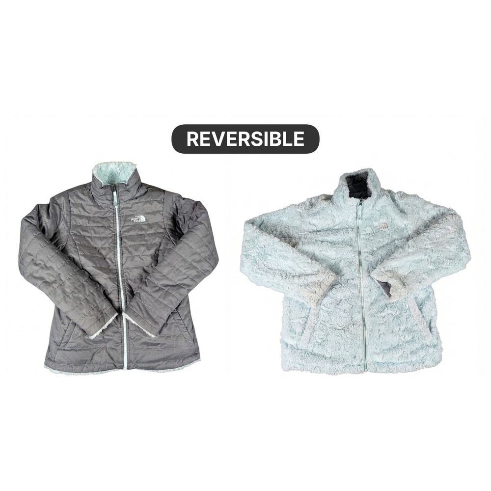 The North Face Reversible Mossbud Swirl Jacket Grey Light Blue Full Zip Girls XL